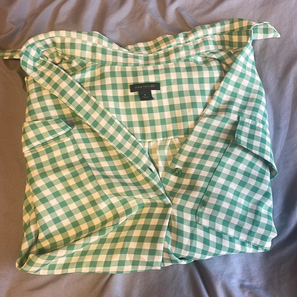 Green Checkered Print Ann Taylor Blouse